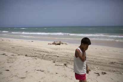 Un niño camina junto a los cuerpos sin vida de inmigrantes que han aparecido en una playa en Zuwarah al oeste de Trípoli en Libia.