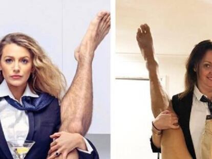 La actriz Blake Lively en su nueva película 'Un pequeño favor' y, a la derecha, la comediante australiana Celeste Barber parodiándolo.