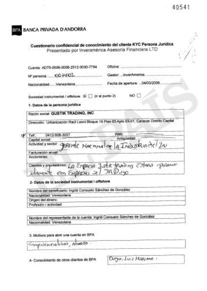 Cuestionario confidencial que rellenó la supervisora de PDVSA Ingrid Sánchez González al abrir su cuenta en la Banca Privada d'Andorra (BPA) el 4 de marzo de 2008.