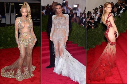 Sensualidad y transparencias en la alfombra roja del Met. Beyoncé, Kim Kardashian y Jennifer Lopez coincidieron en su elección del año pasada para la gala en el Institututo de la Moda del Museo Metropolitano de Nueva York.