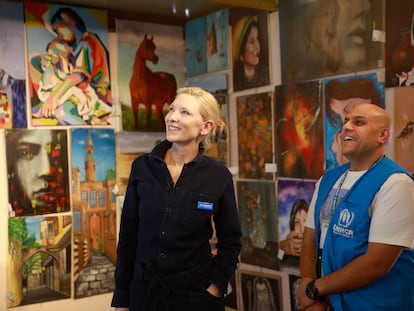 Cate Blanchett, on April 26, at the home of a Syrian refugee in the Zaatari camp in Jordan.