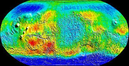 Imagen con colores falsos de la superficie marciana. Las zonas en azul oscura son aquellas en las que hay bundante presencia de hidrógeno.