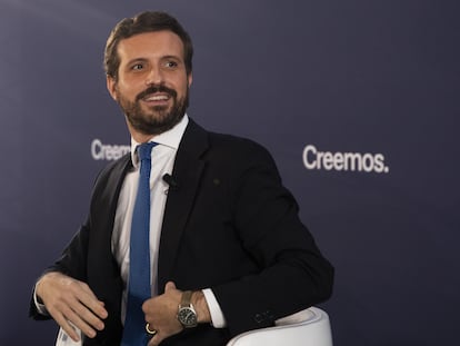 El presidente del PP, Pablo Casado, durante su intervención en la convención nacional del PP, este jueves en Sevilla.