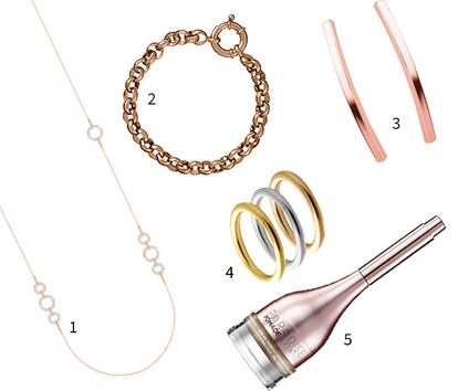 Nada mejor para combinar el negro que el roso rosa. Esta es nuestra primera propuesta: 1. Collar de SWAROVSKI (129 €) 2. Pulsera de ARISTOCRAZY (139 €) 3.   Pendientes de LUXENTER (14,90 €) 4. Anillos de DIME QUE ME QUIERES (28 €/c. u.) 5. Gel cremoso para las cejas Paradise (10,95 €) de L’ORÉAL PARIS.