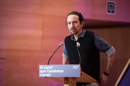 Pablo Iglesias durante el acto central de campaña de En Comú Podem para las elecciones catalanas.