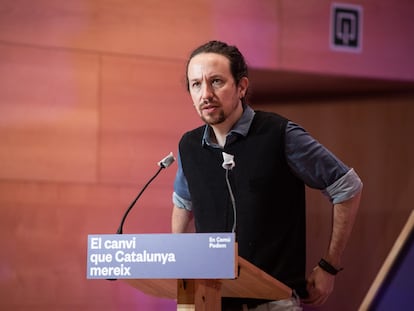 Pablo Iglesias durante el acto central de campaña de En Comú Podem para las elecciones catalanas.