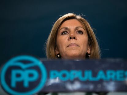 María Dolores de Cospedal, durante la comparecencia en la sede del partido en la calle Génova de Madrid, en 2018.