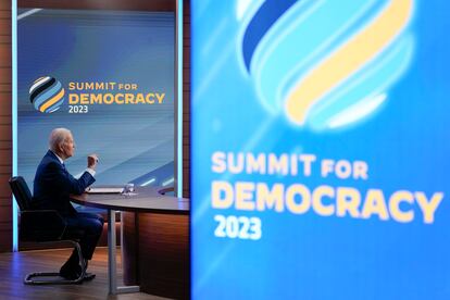 President Joe Biden speaks during a Summit for Democracy virtual plenary in the South Court Auditorium on the White House campus, Wednesday, March 29, 2023