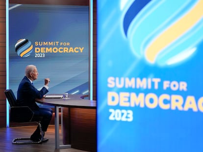 President Joe Biden speaks during a Summit for Democracy virtual plenary in the South Court Auditorium on the White House campus, on March 29, 2023, in Washington.