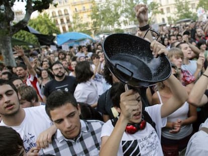 Una de las concentraciones del pasado a&ntilde;o del 15-M en la plaza del Ayuntamiento de Valencia.