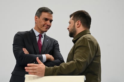 Spanish Prime Minister Pedro Sanchez speaks with Ukraine's President Volodymyr Zelenskiy