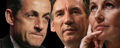 Los tres principales candidatos en las elecciones presidenciales francesas: de izquierda a derecha, Nicolas Sarkozy, François Bayrou y Ségolène Royal.