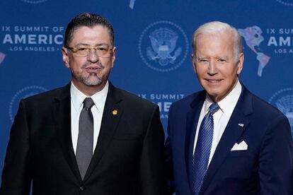 President Joe Biden stands with Costa Rican President Rodrigo Chaves during the Summit of the Americas, June 8, 2022, in Los Angeles.