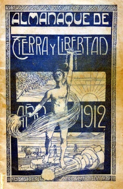 Exposición 100 años de Anarcosindicalismo - Museo de História de Catalunya - Almanaque de Tierra y Libertad del año 1912. Cubierta de F. Sacristá.