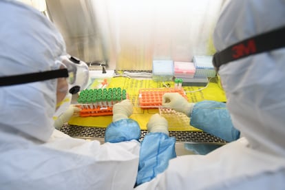 Investigadores chinos examinan muestras en un laboratorio del país asiático, el 6 de febrero. REUTERS/CHINA DAILY