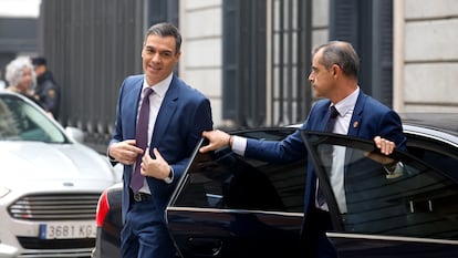Pedro Sánchez, esta mañana, a su llegada al Congreso para la segunda sesión de la investidura parlamentaria.