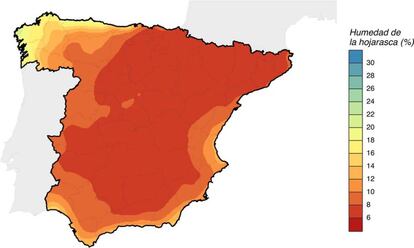 Humitat de la fullaraca el 26 de juny de 2019, dia en què va començar el gran incendi de Tarragona. La humitat estava entorn del 8%, un valor molt per sota del llindar a partir del com esdevenen els grans incendis.