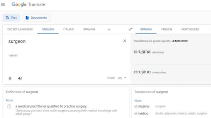 Traducción de Google en la que incorpora el género.