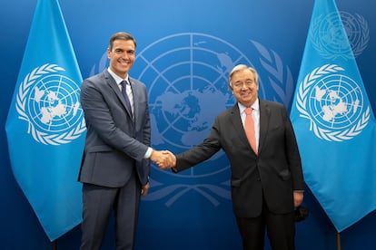 Pedro Sánchez y António Guterres, este lunes en Nueva York.