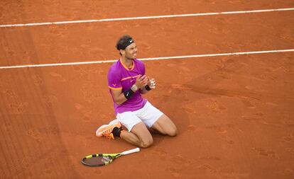 Nadal celebra su victoria en el &uacute;ltimo Open de tenis de Madrid.