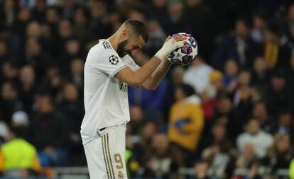 Benzema, durante el partido de Champions entre el Madrid y el City.