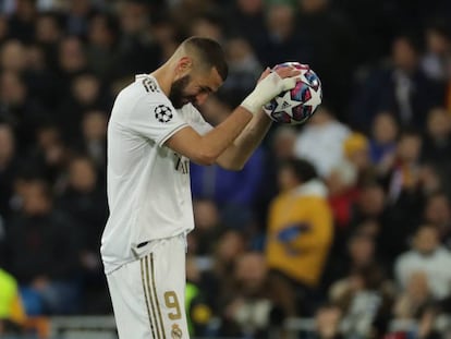 Benzema, durante el partido de Champions entre el Madrid y el City.