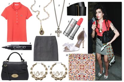 AMY WINEHOUSE:
1. Lacoste Polo de manga corta. 2. Catherine Michiels Collar con perlas salvajes y camafeo. 3. Emanuele Bicocchi Cadena con cruz. 4. Stella McCartney Cinturón ancho de piel. 5. Lancôme Barra de labios “Rouge in Love”. 6. Óscar de la Renta Zapato de satén con lazo en el empeine. 7. COS Mini con pinzas. 8. CARGO Eyeliner “TexasLiner”. 9. Mulberry Bolso de mano piel. 10. Bimba & Lola Pañuelo estampado. 11. Bershka Pendientes de aro con la palabra “Love” de strass.