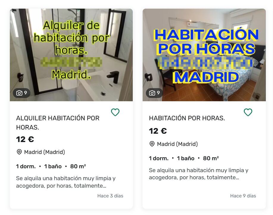 Dos anuncios de alquiler de habitaciones por hora en la página web Milanuncios.