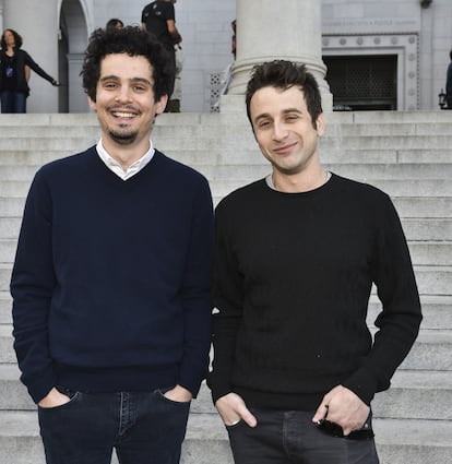 Damien Chazelle and Justin Hurwitz photographed in Los Angeles, in 2017.