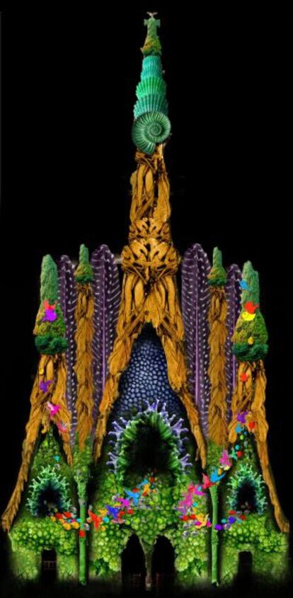 La Sagrada Família encaixant una de les imatges que s´hi proyectaran durant les festes.