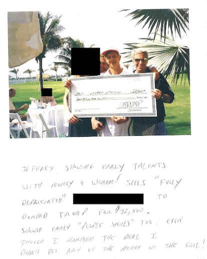 Página del cuaderno que ilustra la "venta" de una mujer con un cheque firmado por Donald Trump.