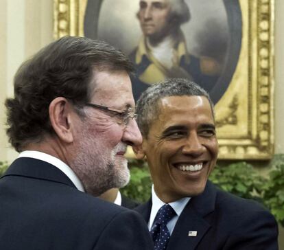 El presidente del Gobierno, Mariano Rajoy, y el presidente de Estados Unidos, Barack Obama, momentos antes de la reunión que ambos mantuvieron en la Casa Blanca el 13 de enero de 2014.