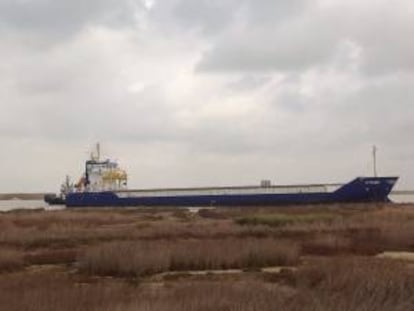 Fotografía facilitada por el Ayuntamiento de Trebujena del buque "Citadel", un carguero dedicado al transporte de mercancías a granel, que ha encallado en el río Guadalquivir a la altura de Trebujena (Cádiz) cuando se dirigía al puerto de Sevilla.