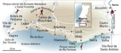 Mapa del Algarve, en Portugal.