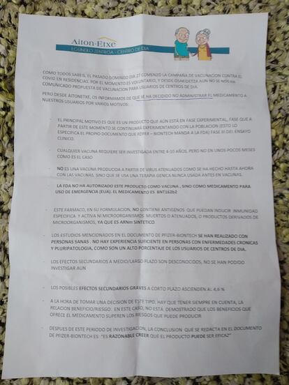 Primera página de la carta atribuida a la dirección del centro Aiton Etxe.