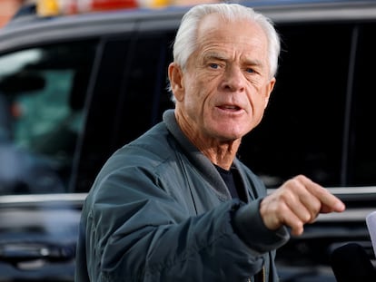 Peter Navarro, who served as U.S. then-President Donald Trump's trade adviser, talks to the media before turning himself in at a federal correctional institution in Miami, Florida, March 19, 2024.