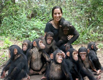 La doctora Rebeca Atencia, directora del Instituto Jane Goodall, con un grupo de chimpanc&eacute;s.