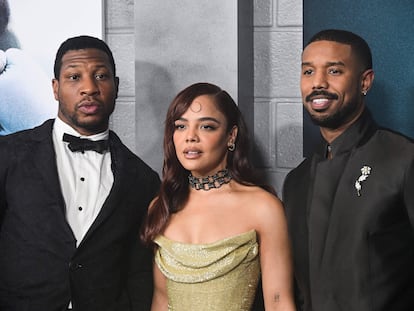 Actor Jonathan Majors, actress Tessa Thompson, and actor-director-producer Michael B. Jordan arrive for the Los Angeles premiere of 'Creed III' in Hollywood, California, on February 27.