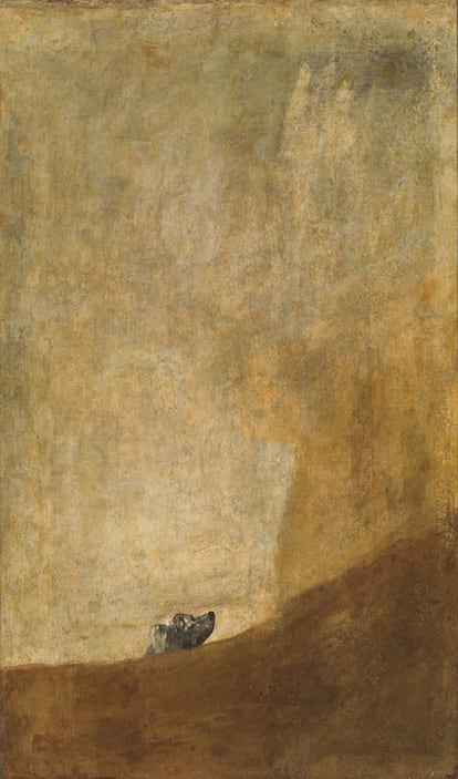 'El perro semihundido' (1823), de Goya. En la sala de las atormentadas Pinturas Negras de Goya, 'El perro semihundido', misterioso, mira hacia fuera de una entidad extraña que lo engulle irremediablemente. “¡Qué forma más bella y enigmática de representar un agujero negro!”, concluye De la Fuente.