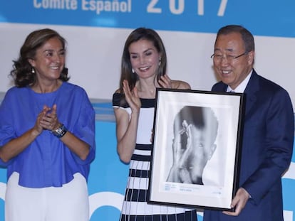 La reina Letizia este martes junto al ex secretario general de la ONU, Ban Ki-moon.