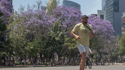 Un hombre se ejercita en Paseo de la Reforma, en Ciudad de México.