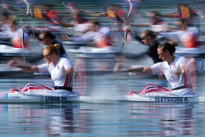 Parte del equipo noruego femenino de la disciplina de 500m kayak, este martes.