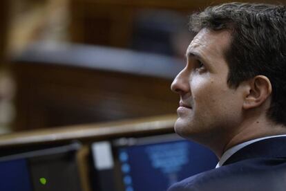 Pablo Casado, en su escaño en el Congreso de los Diputados. 
 