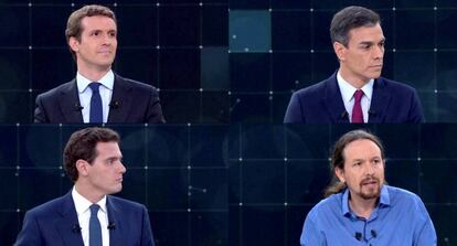 Los cuatro candidatos durante el debate electoral de TVE.