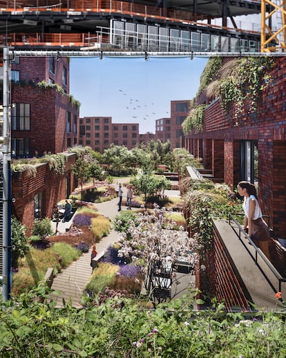 A poster showing a recreation of a courtyard, with a construction site in the background, Amsterdam. 2022. 