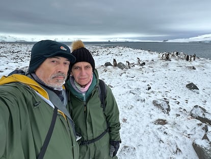 Los científicos españoles Antonio Alcamí y Begoña Aguado, en una pingüinera en la región del Mar de Weddell.