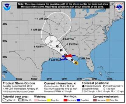 Imagen de este martes del Centro Nacional de Huracanes que muestra la trayectoria de 'Gordon'.