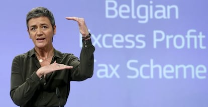 La comisaria europea de Competencia, Margrethe Vestager, durante la rueda de prensa en la que ha presentado la reclmación a Bélgica