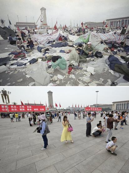 Arriba, un grupo de estudiantes descansan tras tres semanas de huelga en la plaza de Tiananmen, 28 de mayo de 1989. Abajo, turistas chinos visitan la misma plaza, 31 de mayo de 2014.