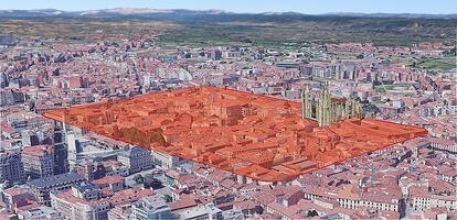 Área que ocuparía el asentamiento romano, superpuesta sobre el actual León.